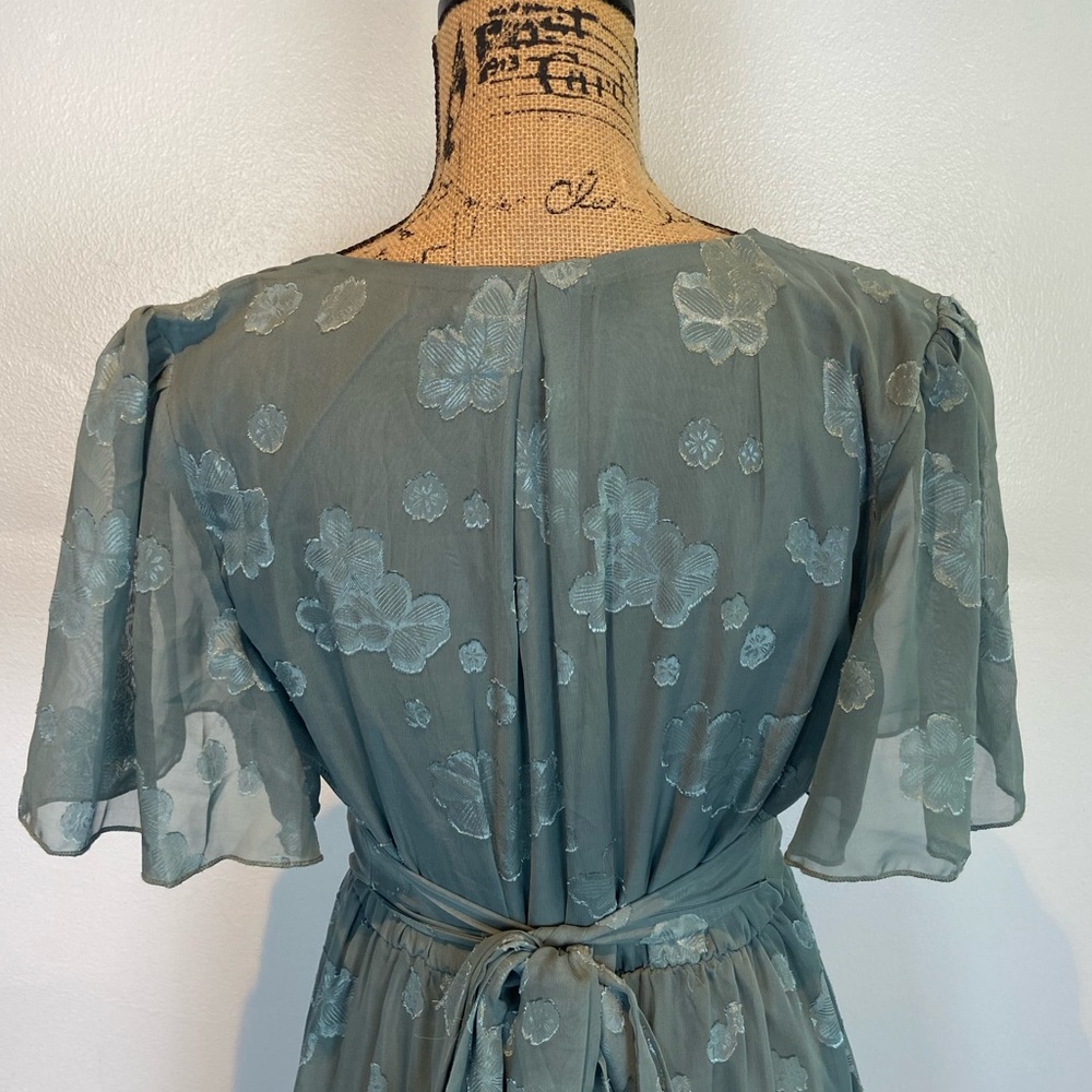 Baltic Born Floral Maxi Dress Chiffon Size Large V-Neck Coastal Sage Green - Picture 4 of 13